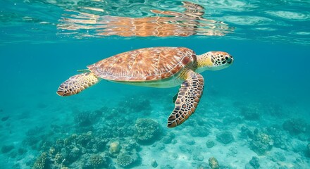 Obraz premium Majestic Green Sea Turtle Gracefully Gliding Through Vibrant Coral Reef