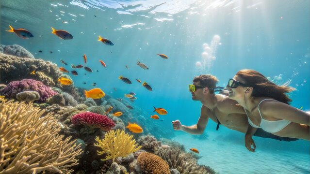 Young couple snorkeling and holding hands near coral reef - Powered by Adobe