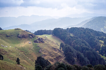 View of the mountains. Himalayan Mountain landscapes are a favourite for hikers and nature enthusiasts alike, such as the Shoja Jalori Pass Raghupur Fort, Himachal Pradesh, India.