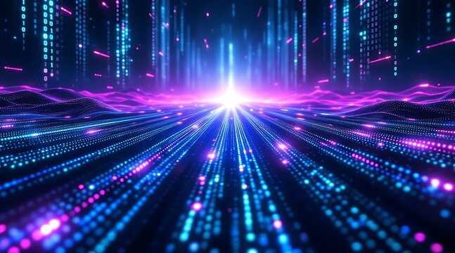 Abstract illustration of a data stream with binary code and digital information flowing towards bright light