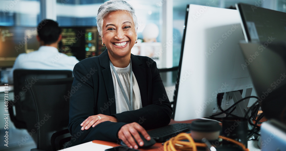 Poster Portrait, woman and developer with computer in office for programming, software update and IT career. Mature person, pc and coding pride for website development, testing server and system application