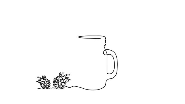 jar with straw for cocktails, smoothies with berry raspberry , Self drawing animation one continuous line draw, logo