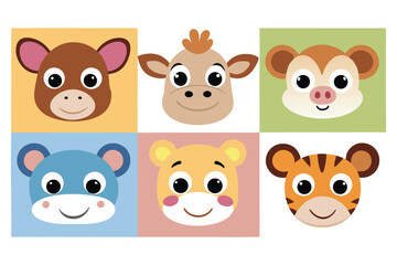 Naklejka premium Colorful squares show cartoon animal faces including a horse, tiger, mouse, bear, monkey and hippo