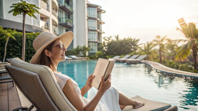 Woman reading book by poolside during hotel vacation, with sunhat.