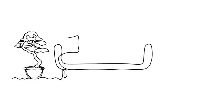 Abstract lounge, living room, upholstered sofa, vintage coffee table and bonsai potted houseplant, Self drawing animation one continuous line draw, logo