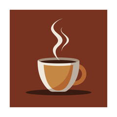 Illustrated vector graphic featuring a steaming cup of coffee against a warm brown background
