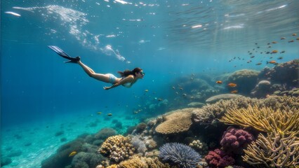 Fototapeta premium Woman freediving to observe coral reefs at Racha Island, Thailand