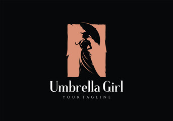A minimalist vintage logo featuring the silhouette of a woman holding an umbrella. Elegant and feminine design, perfect for fashion, boutique, beauty, or lifestyle branding