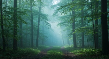 Obraz premium Misty Green Forest Path Sunlight Nature Scene