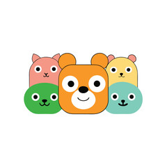 Diverse animal faces feature simple, cute designs with black outline and rounded shapes