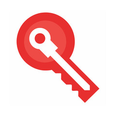 Simple red and white key icon representing security and access on a white background