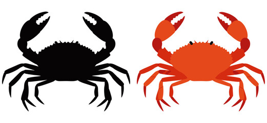 Vector illustration of crab shown in side view with both detailed and silhouette
