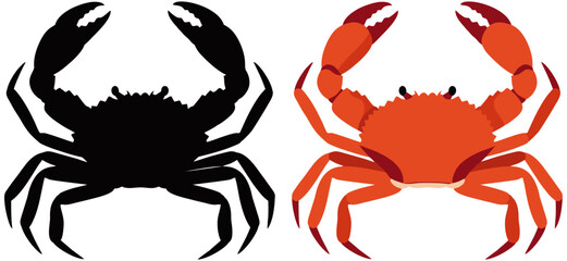 Vector illustration of crab shown in side view with both detailed and silhouette