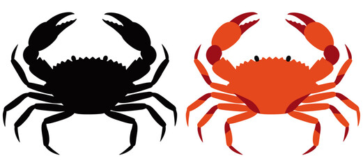 Vector illustration of crab shown in side view with both detailed and silhouette