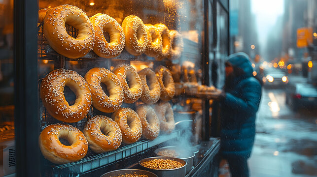 Fototapeta Delicious sesame bagels displayed in a steamy window of a New York City bakery on a rainy day.  A blurred figure is seen purchasing bagels.
