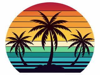 Tropical sunset with palm trees vector illustration, Retro and vintage summer vibes t-shirt design