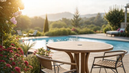 Fototapeta premium Round Wooden Table by Sunny Swimming Pool 
