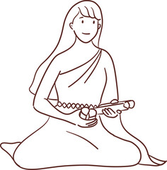 Tradition Thai girl playing krab or wooden percussion outline clipart © paweeillus