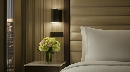 Luxurious hotel bedroom interior with a vase of flowers.