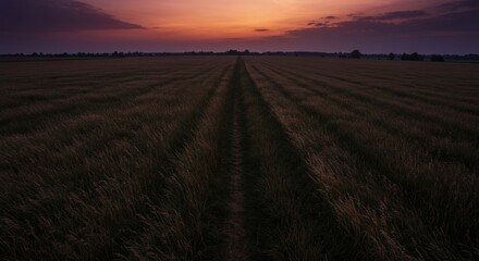 Fototapeta premium Sunset Over Rows of Crops in a Rural Field