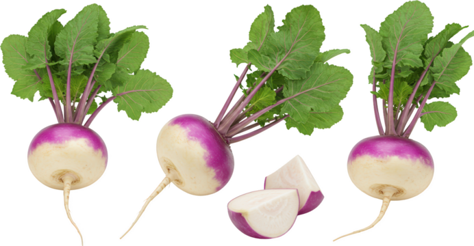 Fresh purple top turnips with greens isolated transparent background closeup view