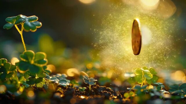 Shiny gold coins with clovers for St. Patrick's Day