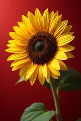 Close up macro shot of a bright yellow sunflower with intricate brown center detailed petals and water droplets on a deep red background displaying natural beauty concept for design element.