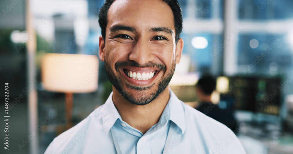 Poster Web developer, smile and portrait of man in office for software system or website update. Night, happy designer or male backend engineer with confidence for company development overtime in workplace
