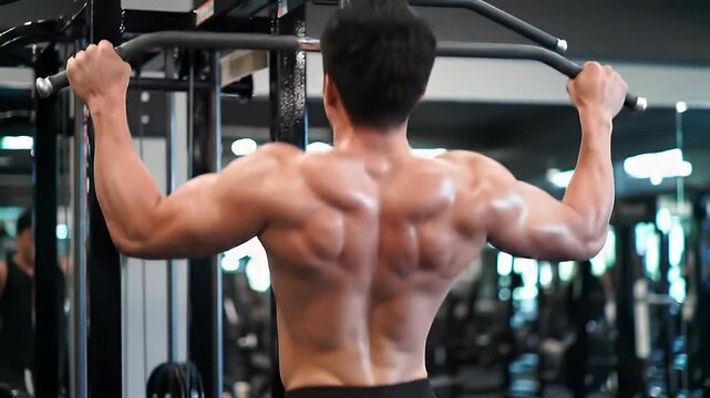 Workout Session - Back Muscles Flexing During Strength Machine Pull