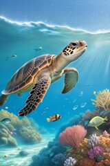 Fototapeta premium Hawksbill turtle swimming underwater in the blue sea