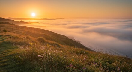 Obraz premium Coastal Sunrise with Fog and Wildflowers