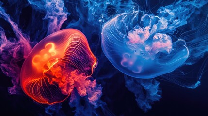 Two vibrant jellyfish, illuminated in contrasting hues, float in dark water.