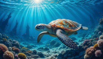 Fototapeta premium Sea Turtle Swimming in Crystal Ocean, Vibrant Acrylic Painting.