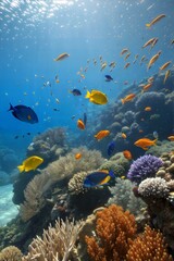 Naklejka premium Underwater world with colorful tropical fish and coral ecosystem