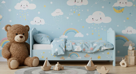 Child's room with whimsical cloud decorations.
