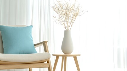 Simple interior scene featuring a chair and decorative vase arrangement