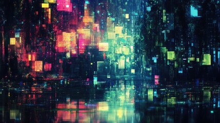 Fototapeta premium Colorful digital cityscape, vibrant glowing structures, reflected in dark water.