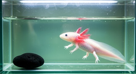 Close-up view of an aquatic amphibian in a small tank.