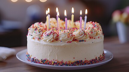 A festive birthday cake adorned with sprinkles and lit candles promises joy and celebration in warm inviting