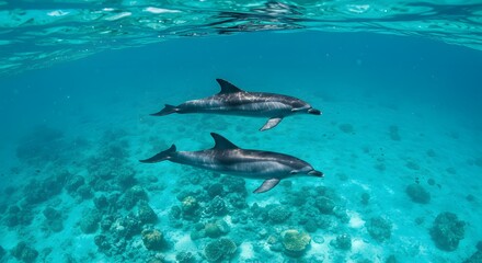 Obraz premium Graceful Dolphins Gliding Through a Vibrant Coral Reef Paradise