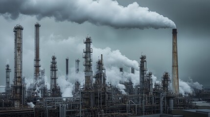 Industrial complex with smokestacks emitting smoke into a cloudy sky.