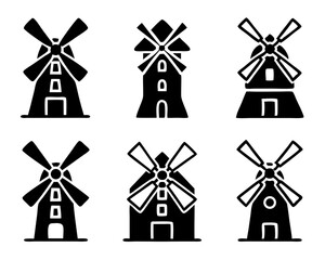 Black Windmill Icon bundle. Eco-Friendly Wind Turbine on transparent background