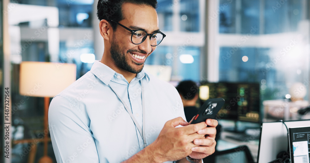 Aufkleber Business, coding and man in office, cellphone and software developer with digital app testing. Happy, employee and professional with smartphone, info tech and programmer with AI expert and connection