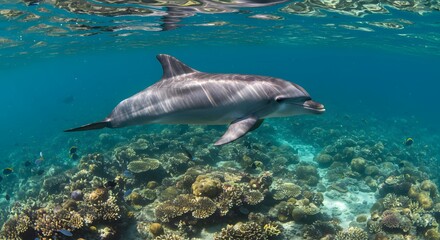 Fototapeta premium Majestic Dolphin Gracefully Navigating a Vibrant Coral Reef Ecosystem