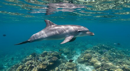 Fototapeta premium Majestic Dolphin Gracefully Navigating Vibrant Coral Reef Ecosystem