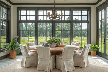 Fototapeta premium Dining room with large windows, light gray walls, white trim, green decor accents, plants on round wooden table, tan linen chairs, chandelier, beige carpet, and grassy outdoor view