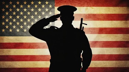 Silhouetted soldier saluting American flag - Powered by Adobe