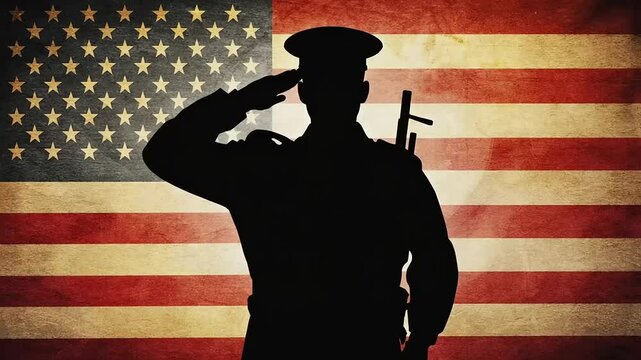 Silhouetted soldier saluting American flag