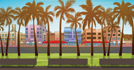 Obraz premium Miami Beach Ocean Drive Summer Storyboard cartoon vector