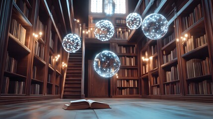 Floating books and glowing orbs in a magical library with ancient tomes illuminated by enchanted chandeliers creating a fantasy vibe